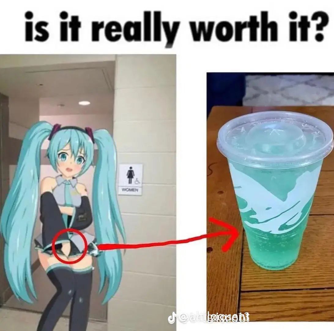 Действительно ли это того стоит? Мем с Хацунэ Мику и напитком Baja Blast у женского туалета с надписью "Is it really worth it?"
