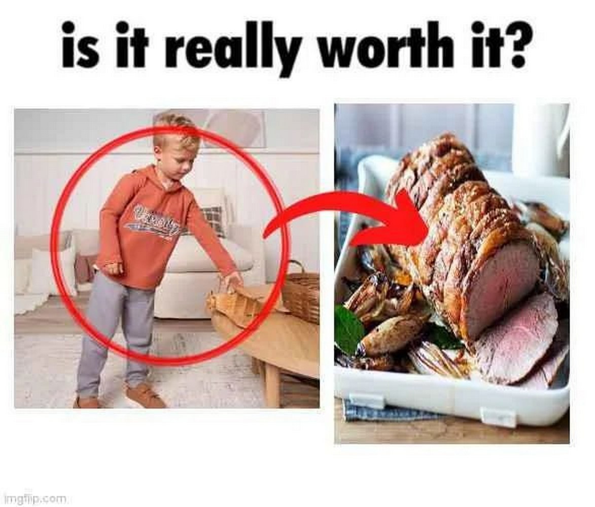 Is it really worth it? Ребенок кормит кошку, а стрелка указывает на жареное мясо.