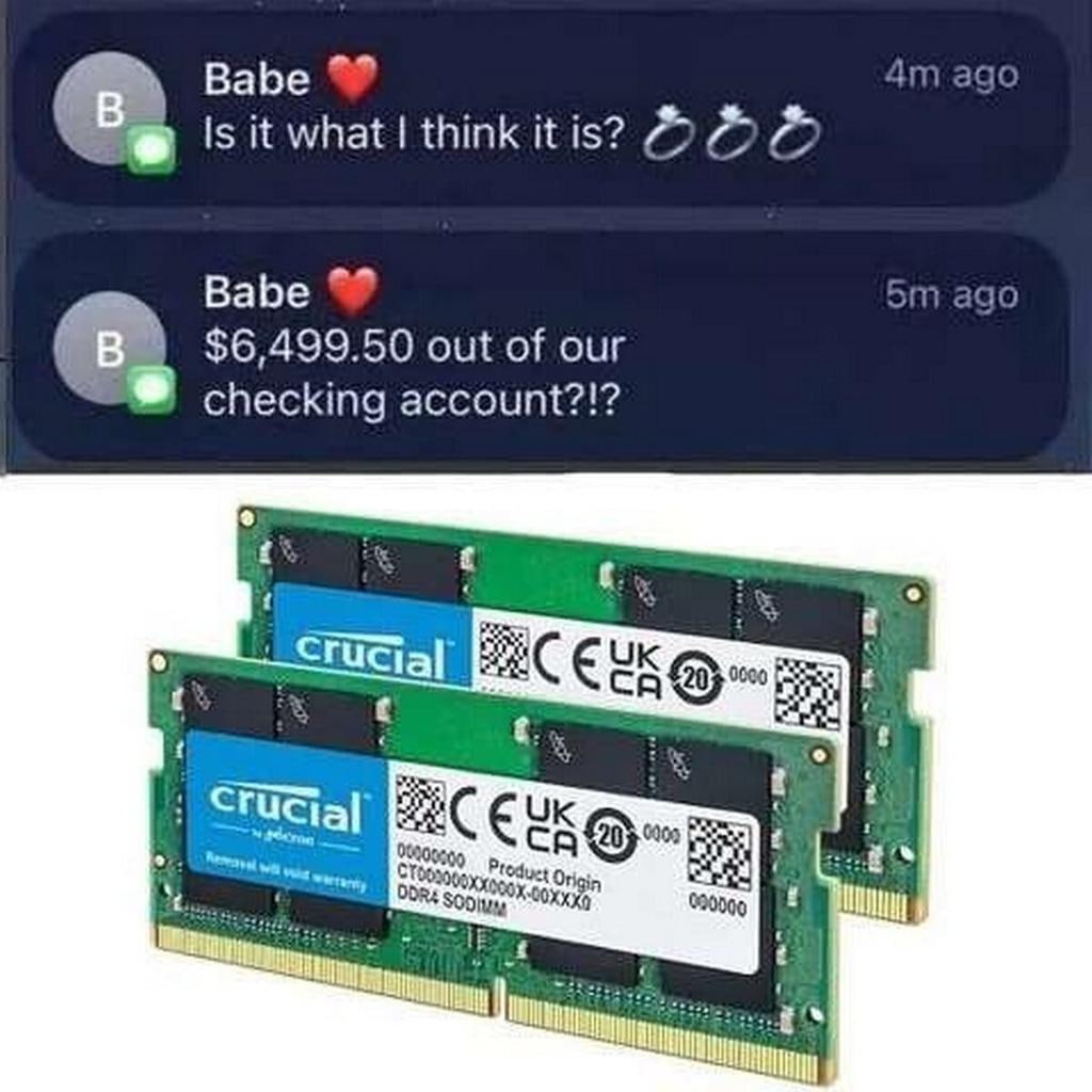 Переписка в мессенджере с вопросом «Это то, о чем я думаю?» и две планки оперативной памяти Crucial