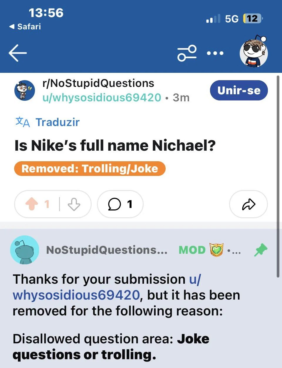 Полное имя Nike — Ничаэл? Скриншот с Reddit, на котором пользователь задал вопрос: «Полное имя Nike — Ничаэл?»