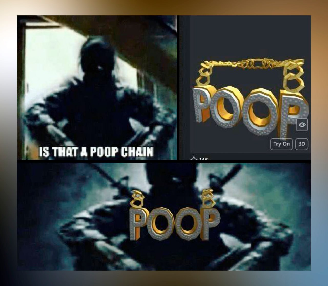 Это цепочка с надписью Poop Заинтересованный солдат из Call of Duty рассматривает золотую цепочку с надписью Poop