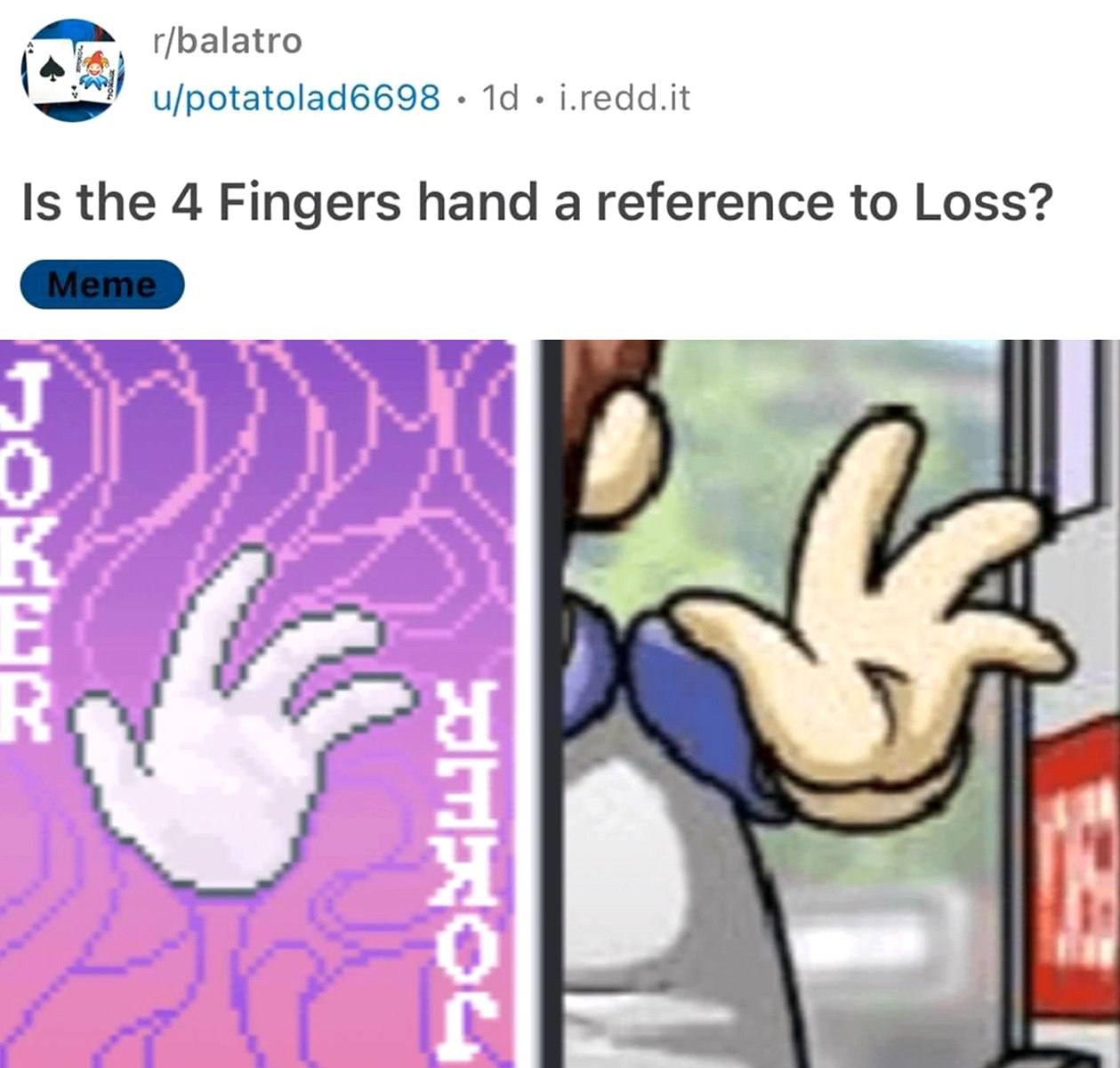 Is the 4 Fingers hand a reference to Loss? Мем с четырёхпалыми руками из Balatro и Papa's Pizzeria, отсылающими к комиксу Loss.