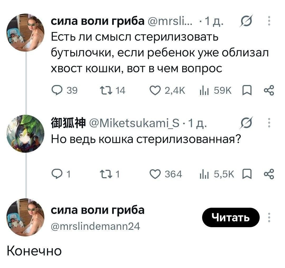 Переписка о стерилизации бутылочек, ребенке и стерилизованной кошке с неожиданным ответом «Конечно».