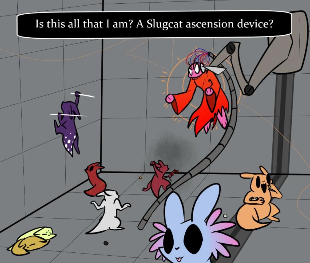 Красный slugcat размышляет, не превратился ли он всего лишь в устройство для вознесения, пока другие персонажи наблюдают за экспериментом