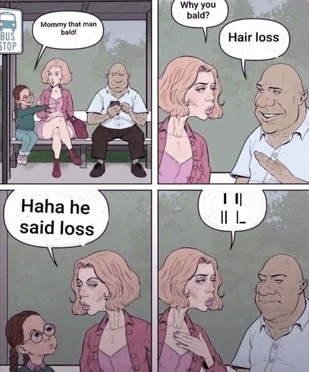 Is this loss Мем с комиксом "Is this loss" про лысого мужчину и любопытную девочку