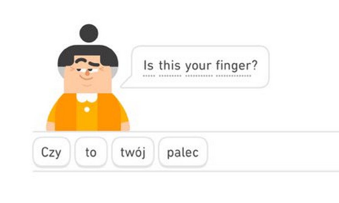 Это твой палец Мем с изображением персонажа Duolingo, спрашивающего «Это твой палец?» на английском и польском языках.