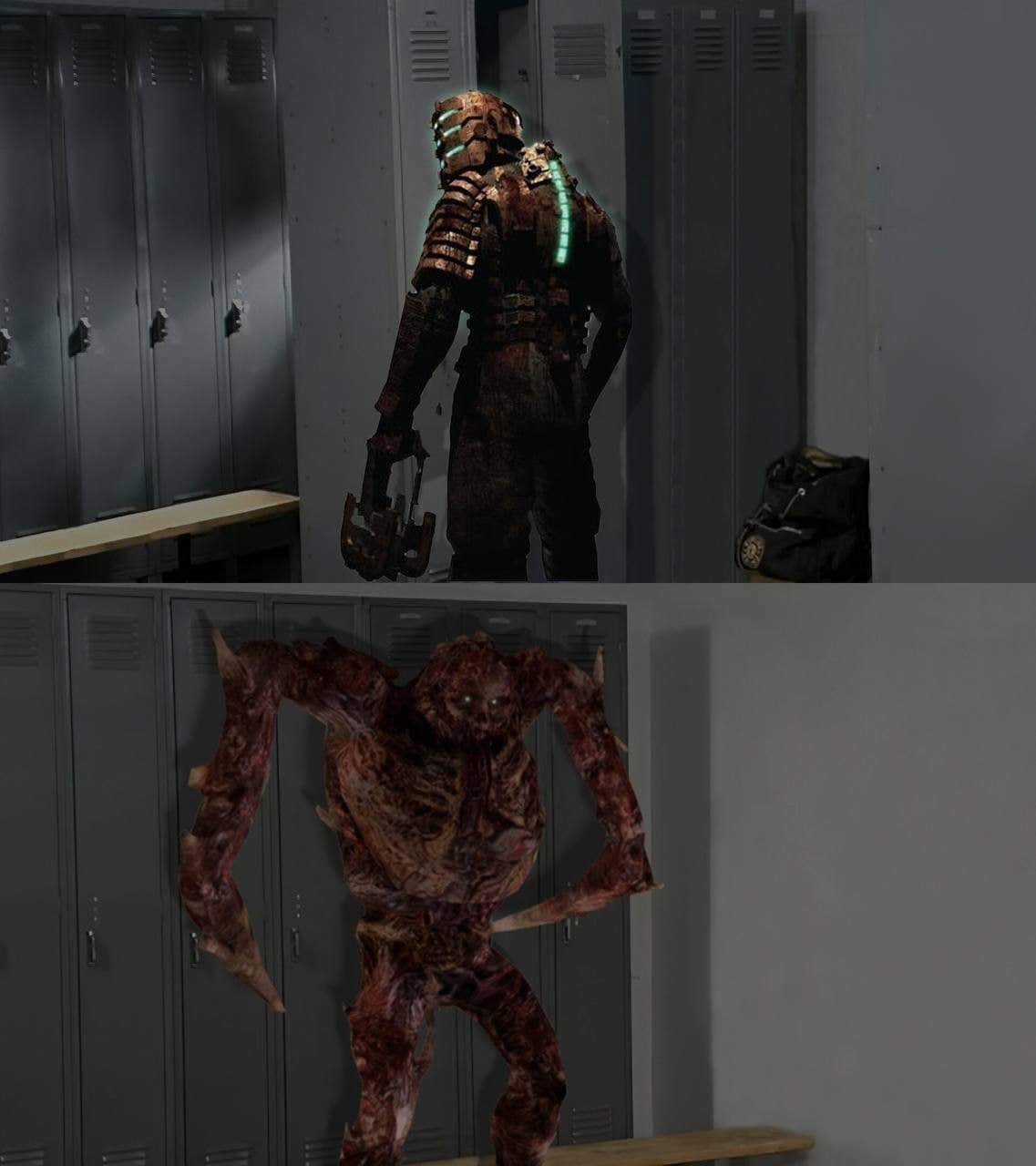 Айзек Кларк и некроморф в раздевалке Персонаж из игры Dead Space и монстр-некроморф в раздевалке