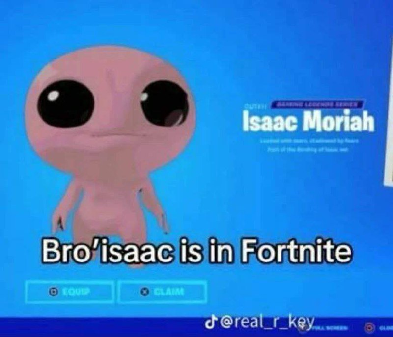 Айзек в Фортнайт Мем с розовым большеглазым персонажем из игры The Binding of Isaac, который якобы появился в Fortnite.