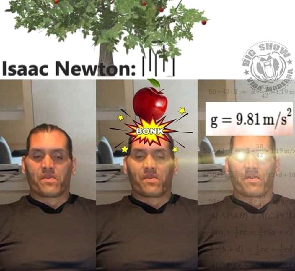 Isaac Newton g = 9.81 m/s² Мем, где Великий Кхали сидит, а ему на голову падает яблоко, после чего над ним появляется значение g = 9.81 м/с². Это отсылка к истории про Ньютона и гравитацию.