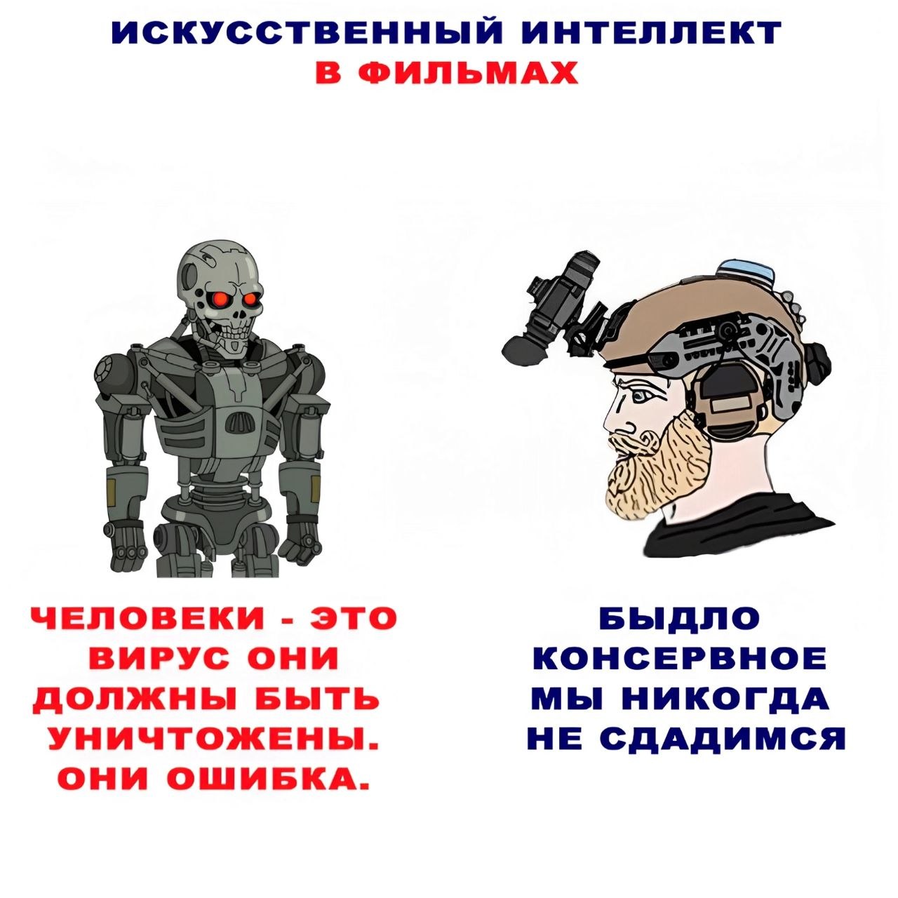 Мем про искусственный интеллект в фильмах: робот с заявлением, что люди — вирус, и человек с ответом, что они никогда не сдадутся