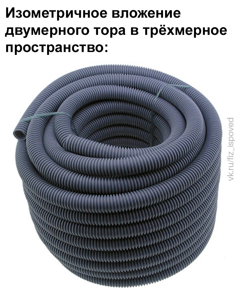 Шутка о двумерном торе, изометрически вложенном в трёхмерное пространство: вместо сложной математической фигуры показана бухта серой гофрированной трубы.