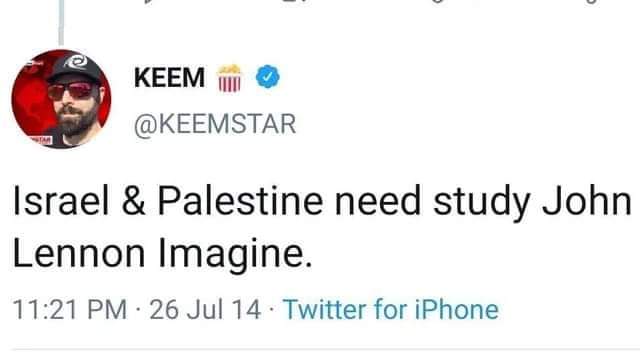 Israel & Palestine need study John Lennon Imagine Твит KEEMSTAR о том, что Израиль и Палестина должны изучить песню Джона Леннона Imagine
