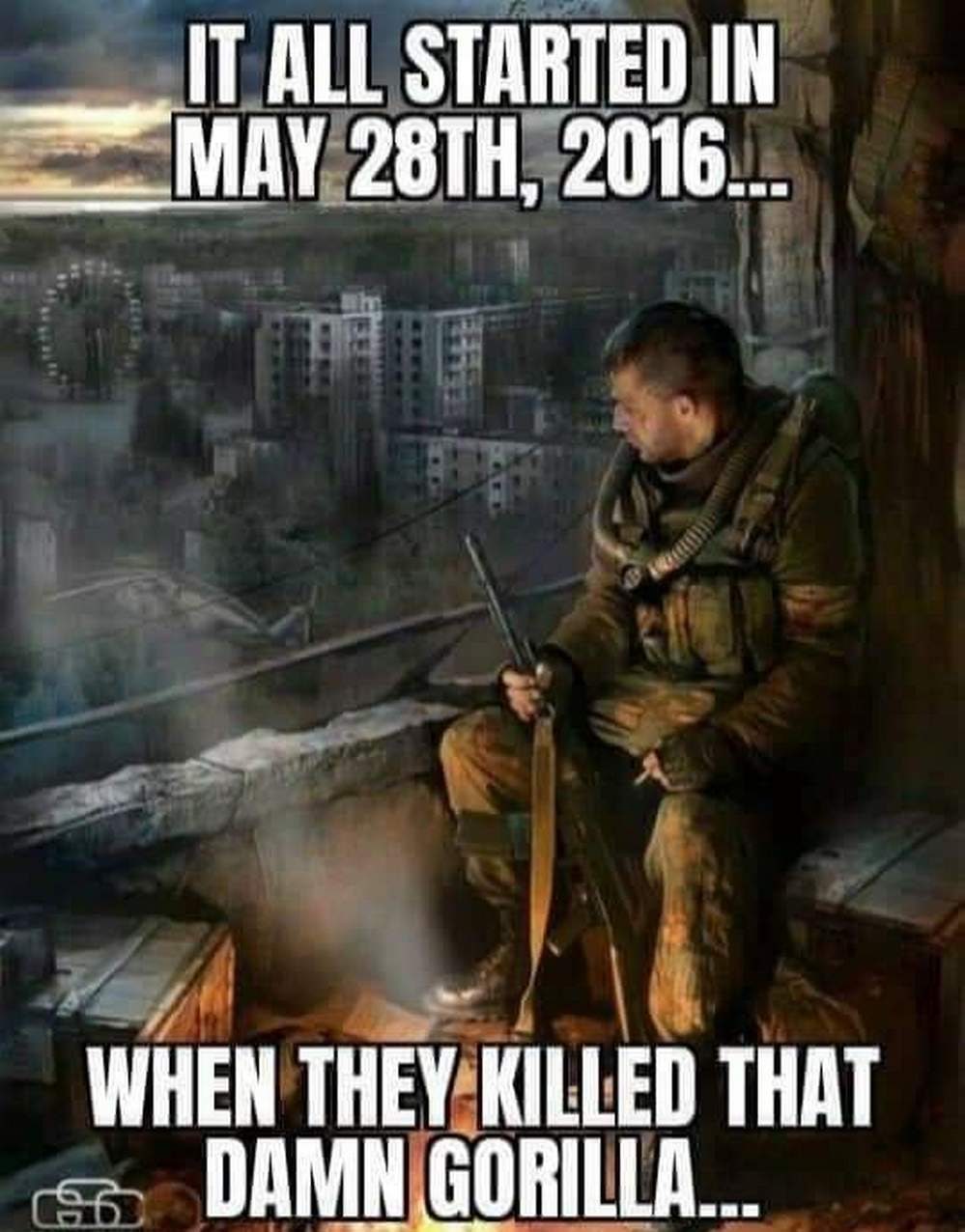 It all started in May 28th, 2016... When they killed that damn gorilla... Мем с человеком в форме, сидящим на балконе разрушенного здания с винтовкой и сигаретой, смотрящим на постапокалиптический город с надписью «It all started in May 28th, 2016... When they killed that damn gorilla...»