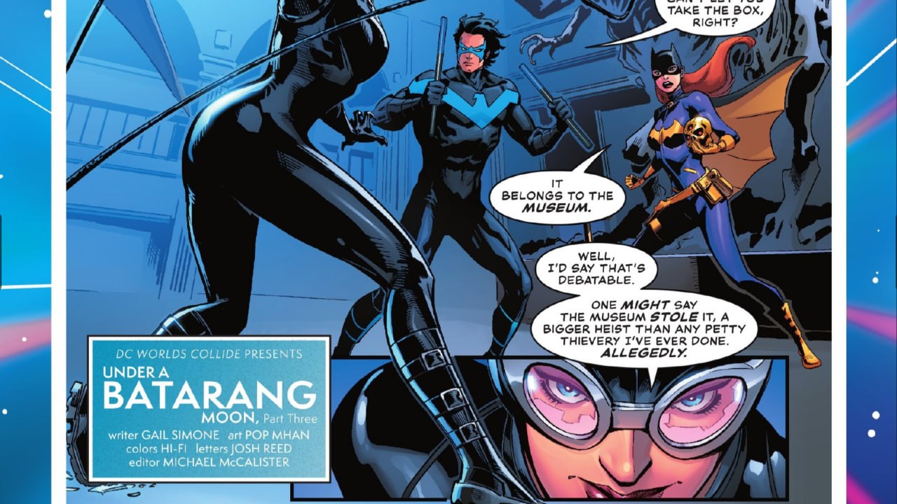 Catwoman, Найтвинг и Batgirl спорят о краденом предмете в музейной сцене из комикса DC.