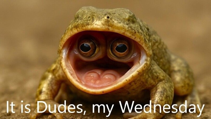 Забавная лягушка с широко открытым ртом и надписью «It is Dudes, my Wednesday»