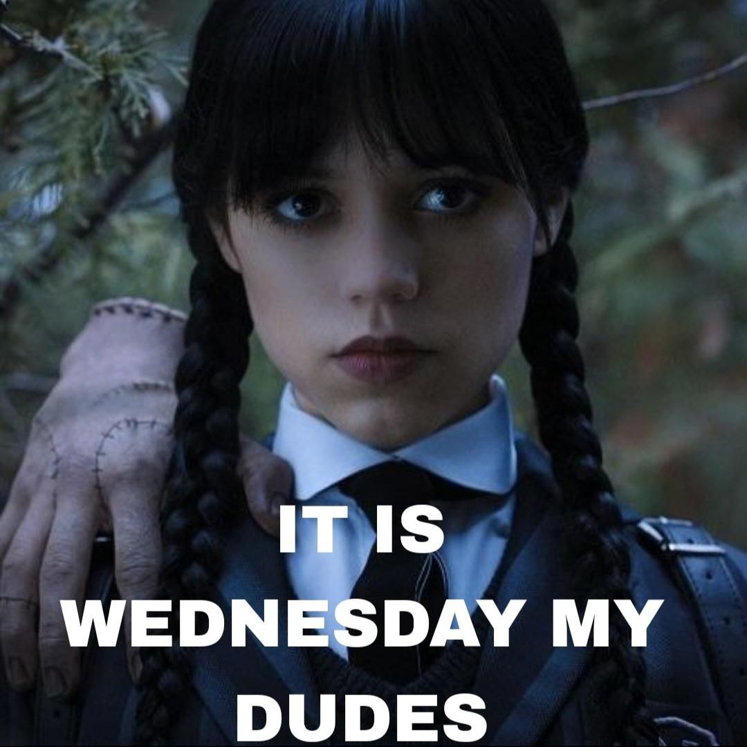 It is Wednesday my dudes Уэнсдей Мем с Уэнсдей Аддамс и Вещью, говорящий «It is Wednesday my dudes»