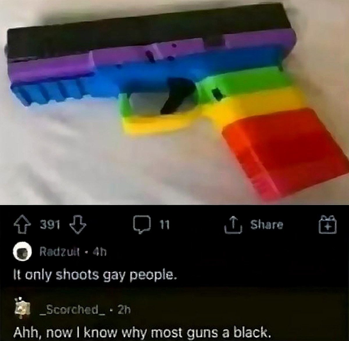 It only shoots gay people Мем, где пользователь Реддита предполагает, что радужный пистолет стреляет только в геев, а другой пользователь отвечает, что теперь он понимает, почему большинство пистолетов черные.