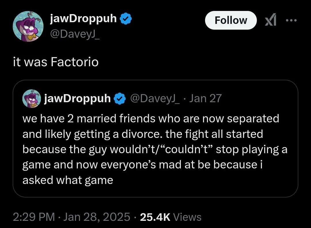 Это была Factorio Скриншот твита, где причиной развода двух друзей стала игра Factorio.