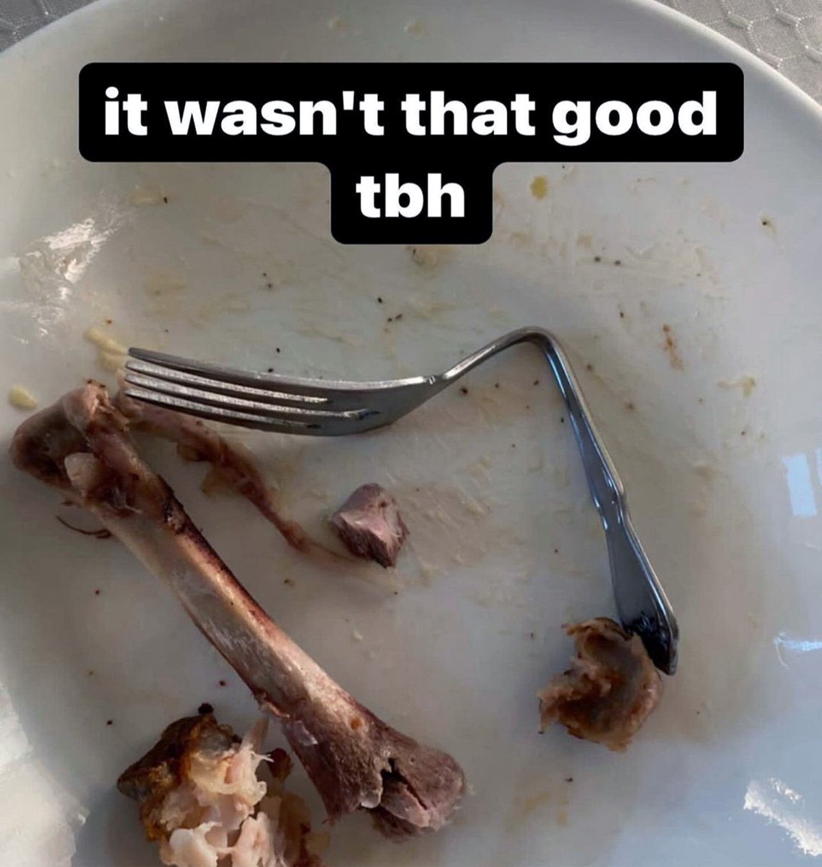 It wasn't that good tbh Мем с изогнутой вилкой и костью на тарелке с подписью «It wasn't that good tbh»