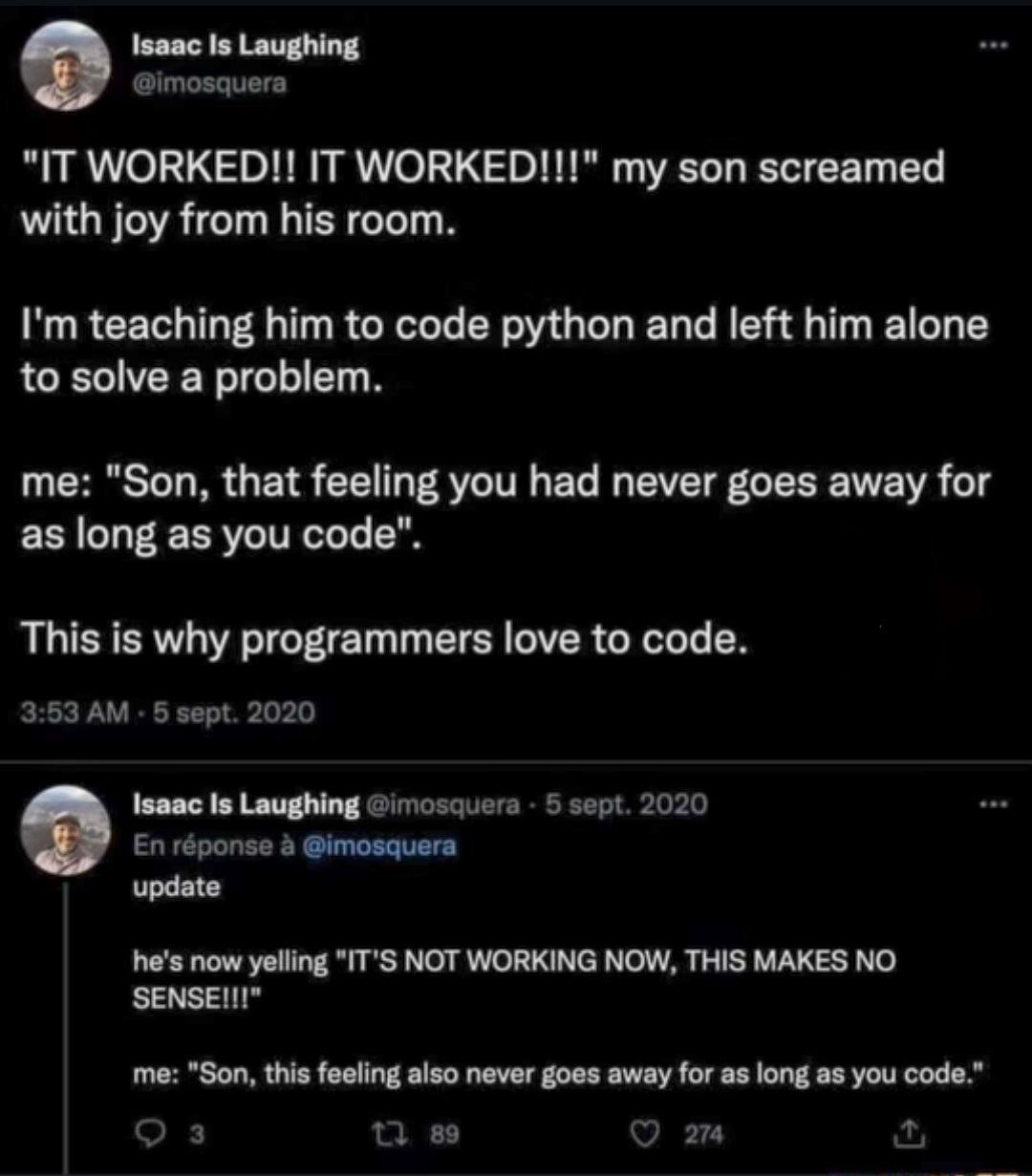IT WORKED!! IT WORKED!!! Twitter-тред о сыне, который учится кодить на Python