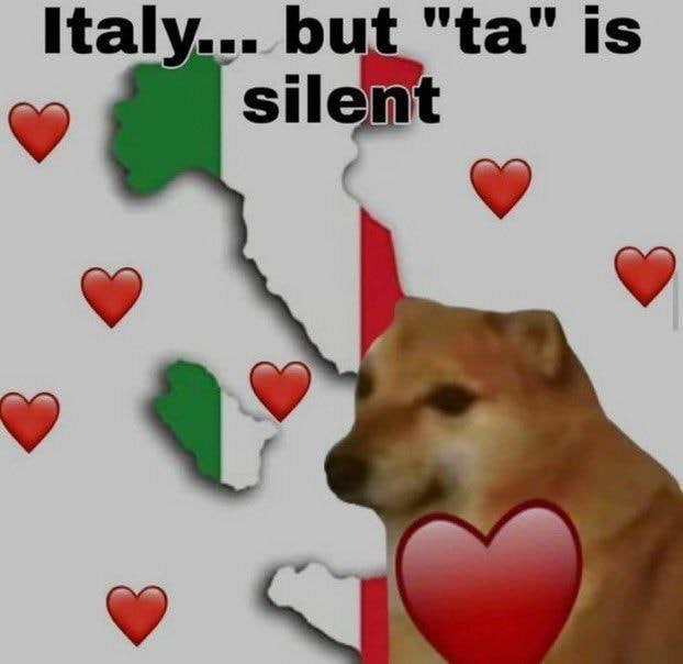 Italy... but "ta" is silent Италия, но "та" молчит и собака чимс на фоне карты