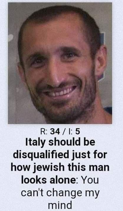 Italy should be disqualified just for how Jewish this man looks alone Мем с фразой "Italy should be disqualified just for how Jewish this man looks alone: You can't change my mind" и фотографией Джорджо Кьеллини