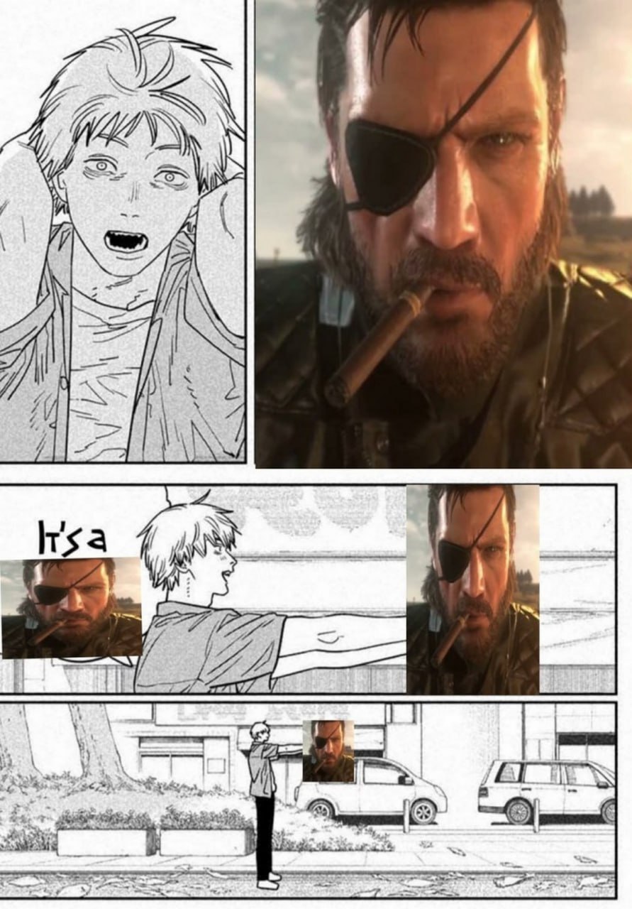 It's a metal gear Дэнджи из «Человека-бензопилы» указывает на Биг Босса из Metal Gear Solid V, говоря «It's a»