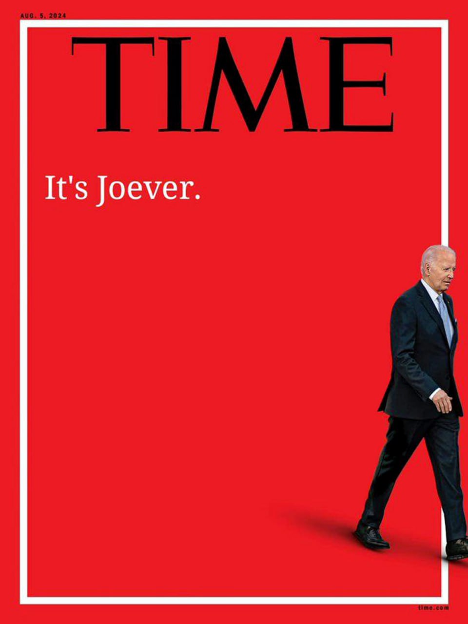 It’s Joever Мем с обложкой журнала TIME и Джо Байденом, уходящим прочь, на красном фоне с надписью «It’s Joever»