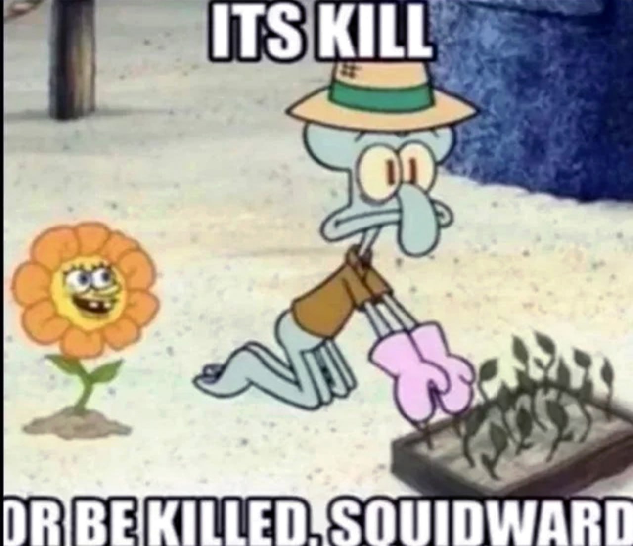 It's kill or be killed, Squidward Цветок со ртом Спанч Боба говорит Сквидварду, что «убей или будь убитым» во время садоводства