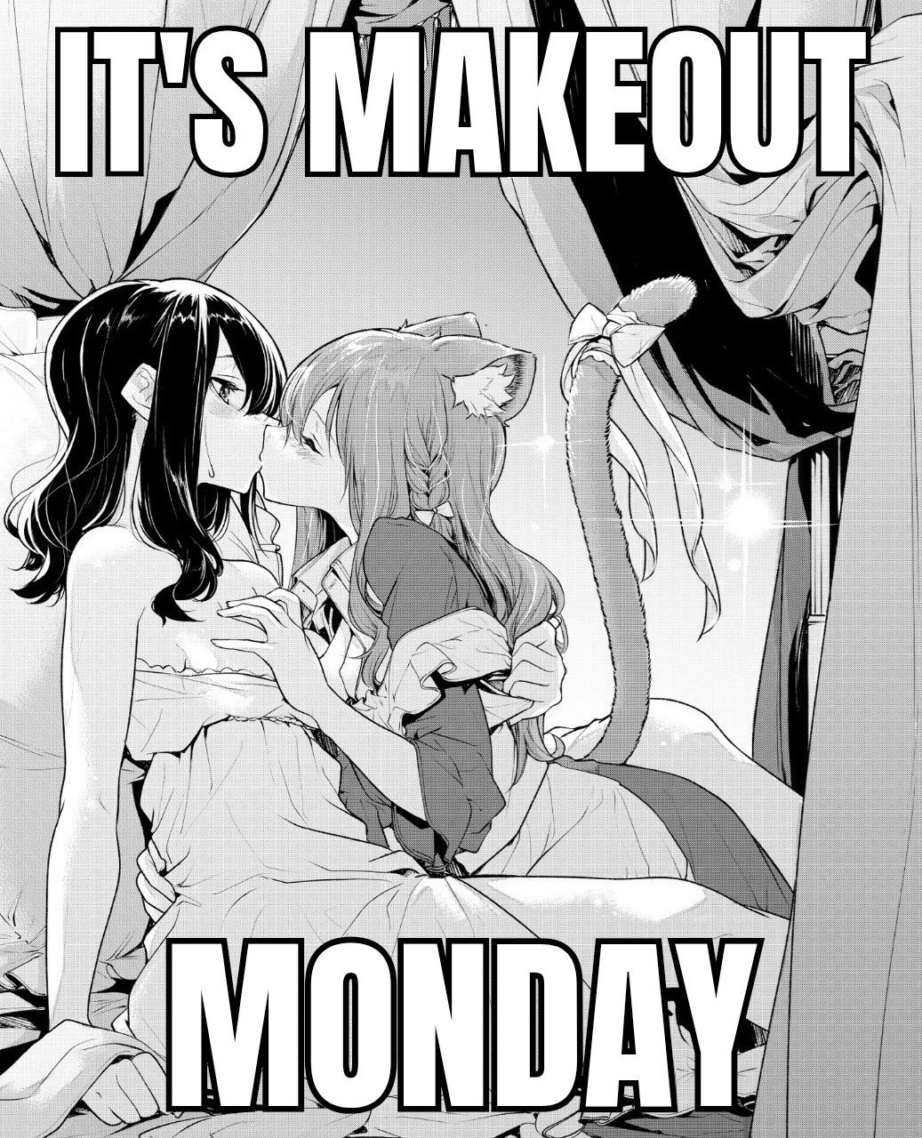 Манга-иллюстрация с двумя целующимися девушками и надписью «It's Makeout Monday» — «Понедельник для поцелуев».