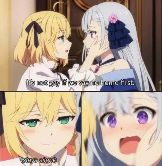Мем про то, как две аниме-девушки говорят «It's not gay if we say no homo first»