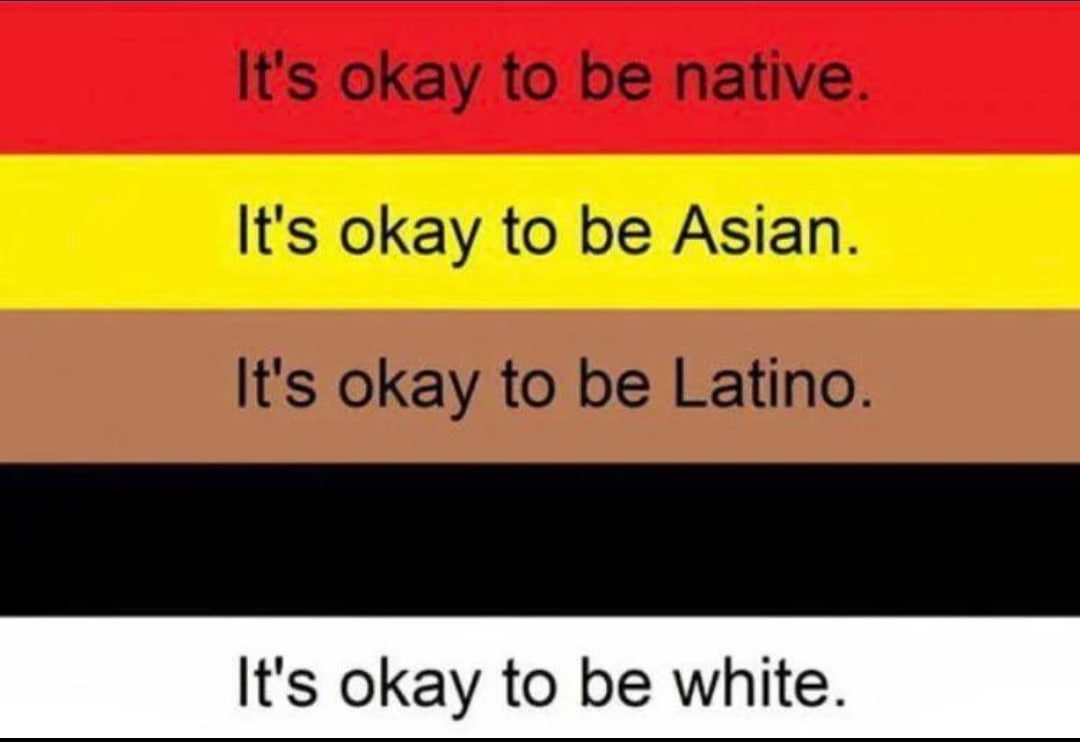 It's okay to be white Мем про "It's okay to be white", в котором на разных цветных полосах написаны слова о том, что "нормально быть" представителем разных рас, а внизу отдельно добавлено "нормально быть белым".
