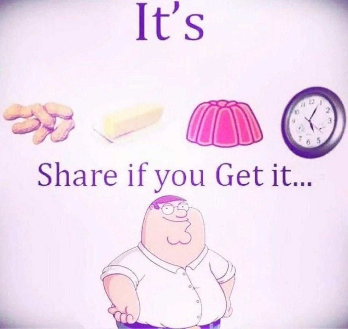 It's peanut butter jelly time с Питером Гриффином Мем с Питером Гриффином, арахисом, маслом, желе и часами, который является загадкой для фразы «It's peanut butter jelly time».