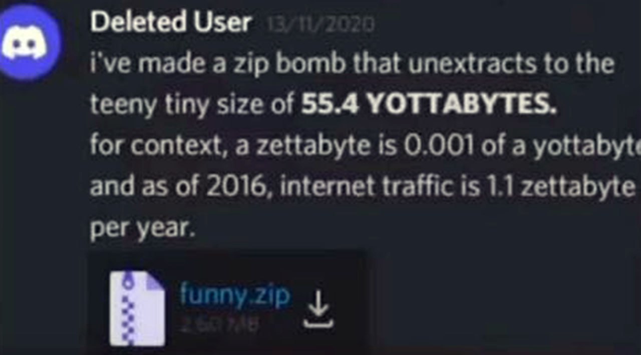 I've made a zip bomb that unextracts to the teeny tiny size of 55.4 YOTTABYTES Мем про zip-бомбу на 55.4 йоттабайт, которая "разархивируется" до огромного размера