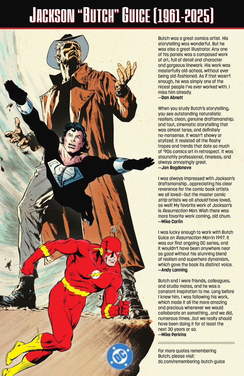 Памятная страница DC Comics о художнике Джексоне «Бутче» Гайсе с изображениями Супермена, Флэша и Resurrection Man.