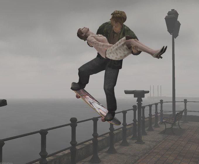 Джеймс Сандерленд на скейтборде с Мэри Джеймс Сандерленд из Silent Hill 2 едет на скейтборде по перилам с Мэри на руках