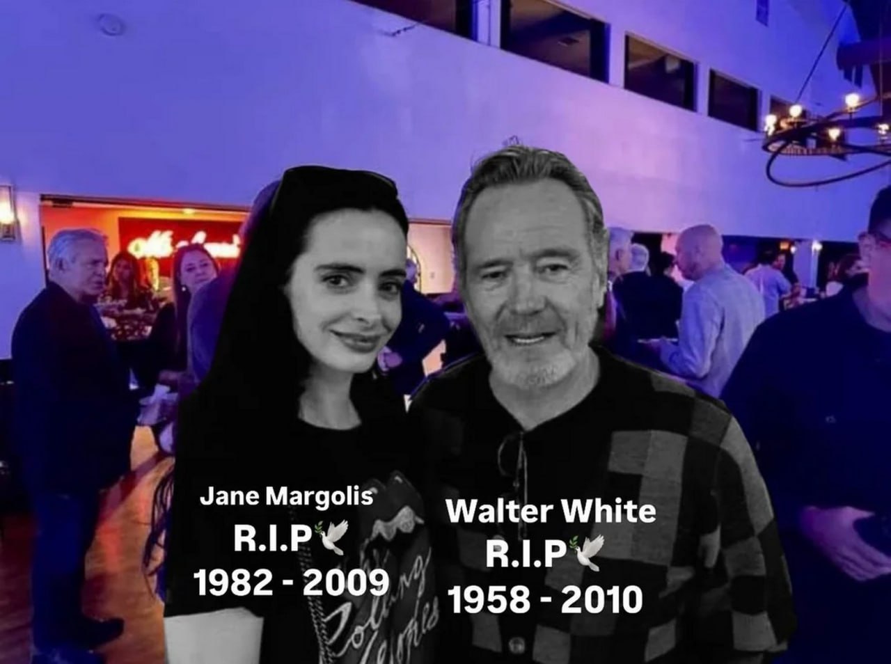 Джейн Марголис и Уолтер Уайт R.I.P. Мем с Джейн Марголис и Уолтером Уайтом и их датами смерти из сериала «Во все тяжкие».