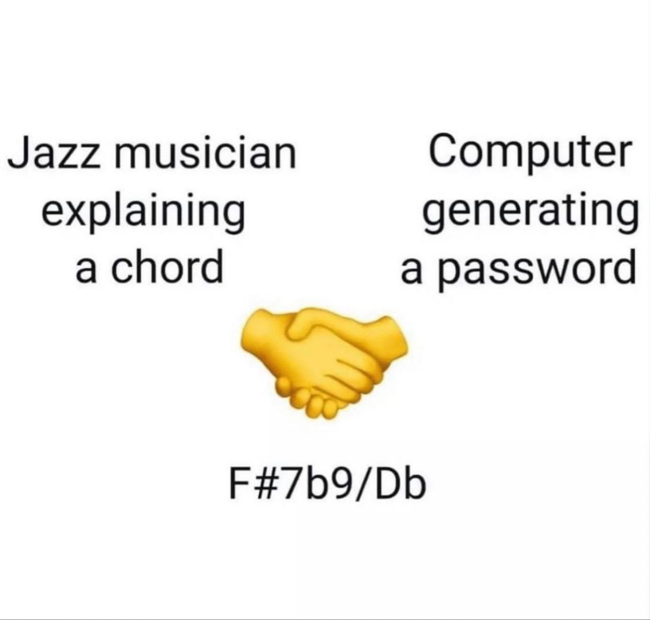 Jazz musician explaining a chord F#7b9/Db Мем про джазового музыканта, объясняющего аккорд F#7b9/Db, и компьютер, генерирующий пароль