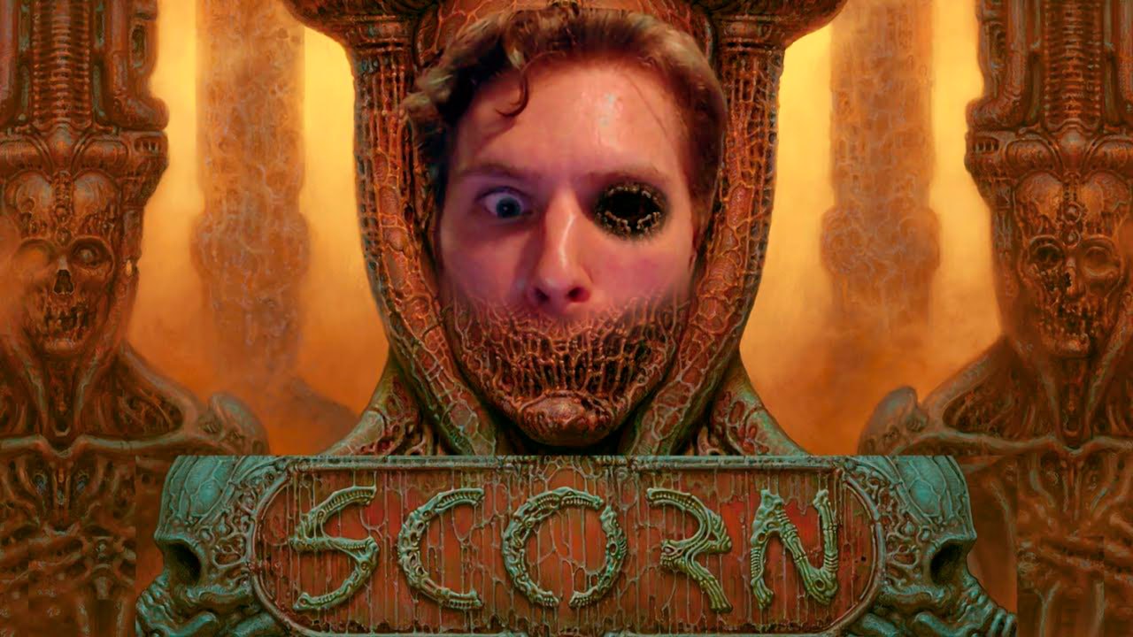 Лицо Jerma в стиле Scorn Лицо человека в стиле игры Scorn с одним нормальным глазом и другим черным провалом, а также заросшим ртом, на фоне жуткой биомеханической архитектуры и логотипа игры Scorn.