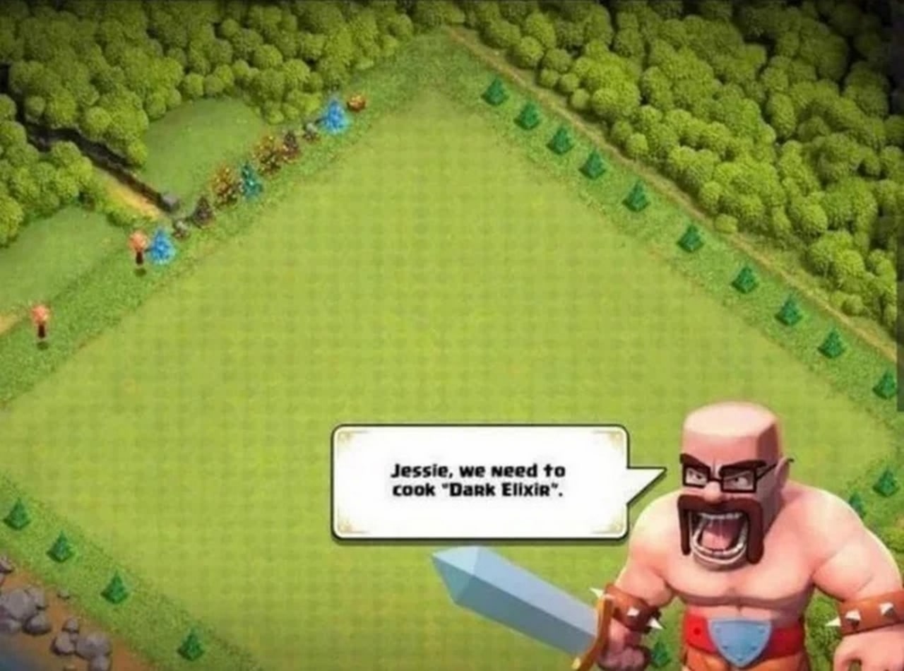 Jessie, we need to cook "Dark Elixir" Варвар из Clash of Clans в образе Уолтера Уайта, говорящий: "Джесси, нам нужно приготовить "Тёмный Эликсир"".