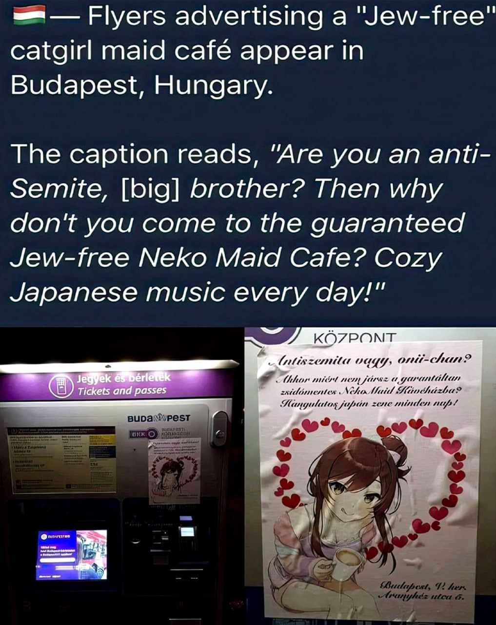 Флаеры Neko Maid Cafe без евреев Флаеры, рекламирующие кафе "без евреев" с кошкодевочками-горничными, появились в Будапеште, Венгрия. Подпись гласит: "Ты антисемит, братишка? Тогда почему бы тебе не прийти в гарантированно свободное от евреев кафе Neko Maid? Уютная японская музыка каждый день!"