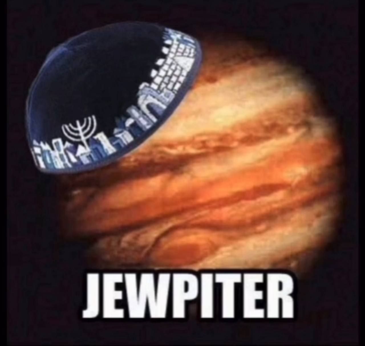 Jewpiter Мем с планетой Юпитер и еврейской кипой, а также надписью Jewpiter.