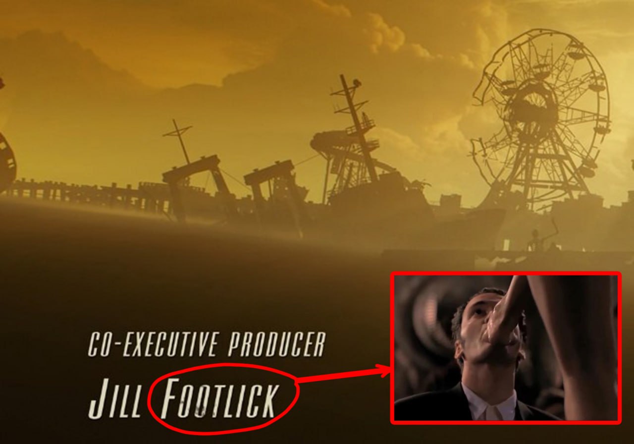 Jill Footlick и лизание ноги Кадр из титров Fallout: New Vegas с именем Jill Footlick и прикрепленным фрагментом с ногой из "Призраков Гойи"