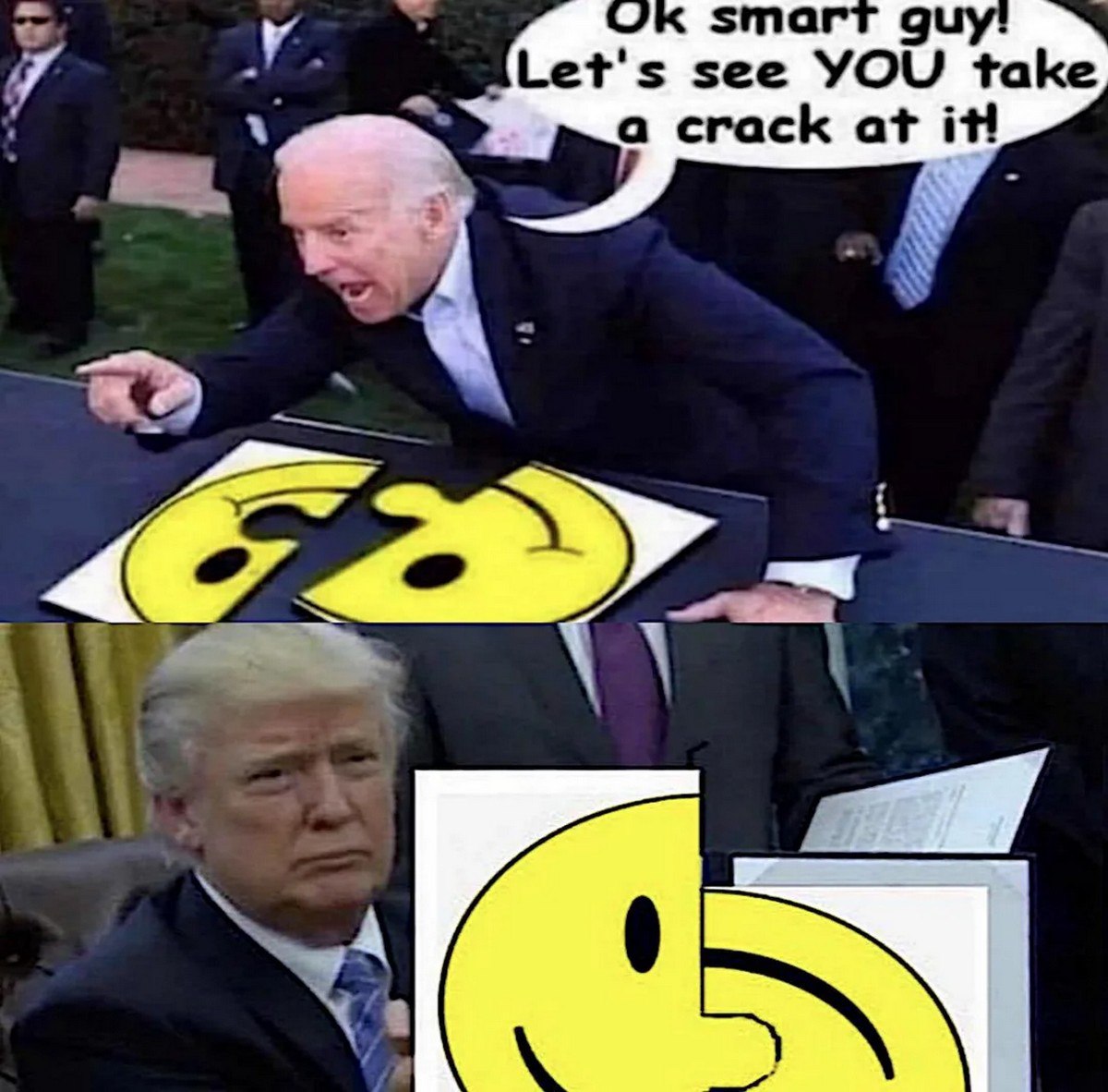 Джо Байден и "Ok smart guy! Let's see YOU take a crack at it!" Мем с Джо Байденом, который показывает на разобранный смайлик, и Дональдом Трампом, который его собирает