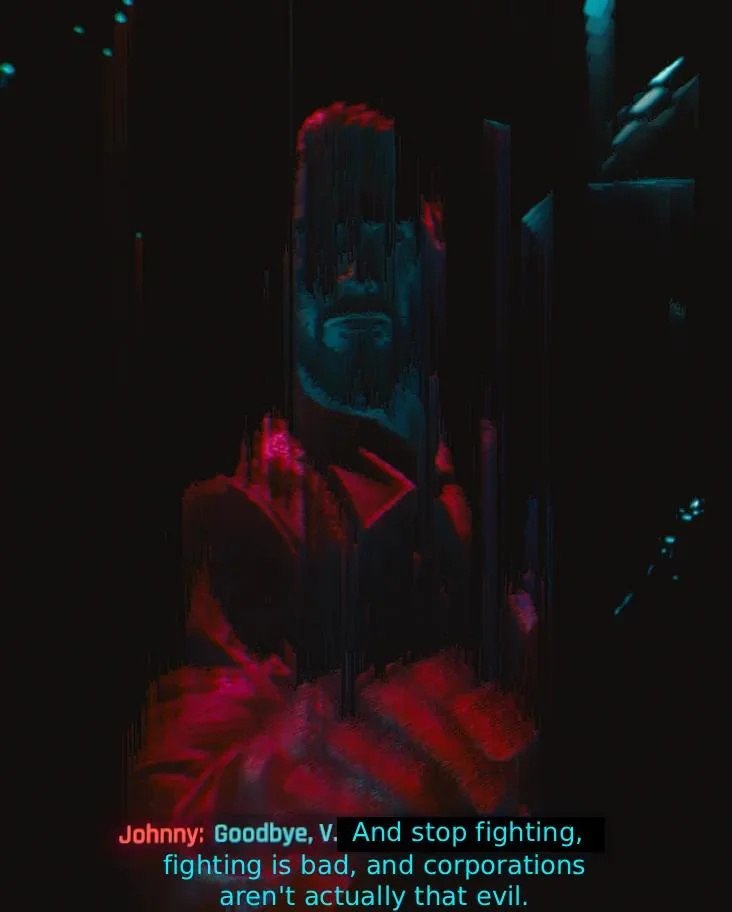 Джонни Сильверхенд из Cyberpunk 2077 с саркастичной репликой о том, что пора прекратить борьбу, а корпорации не так уж злы