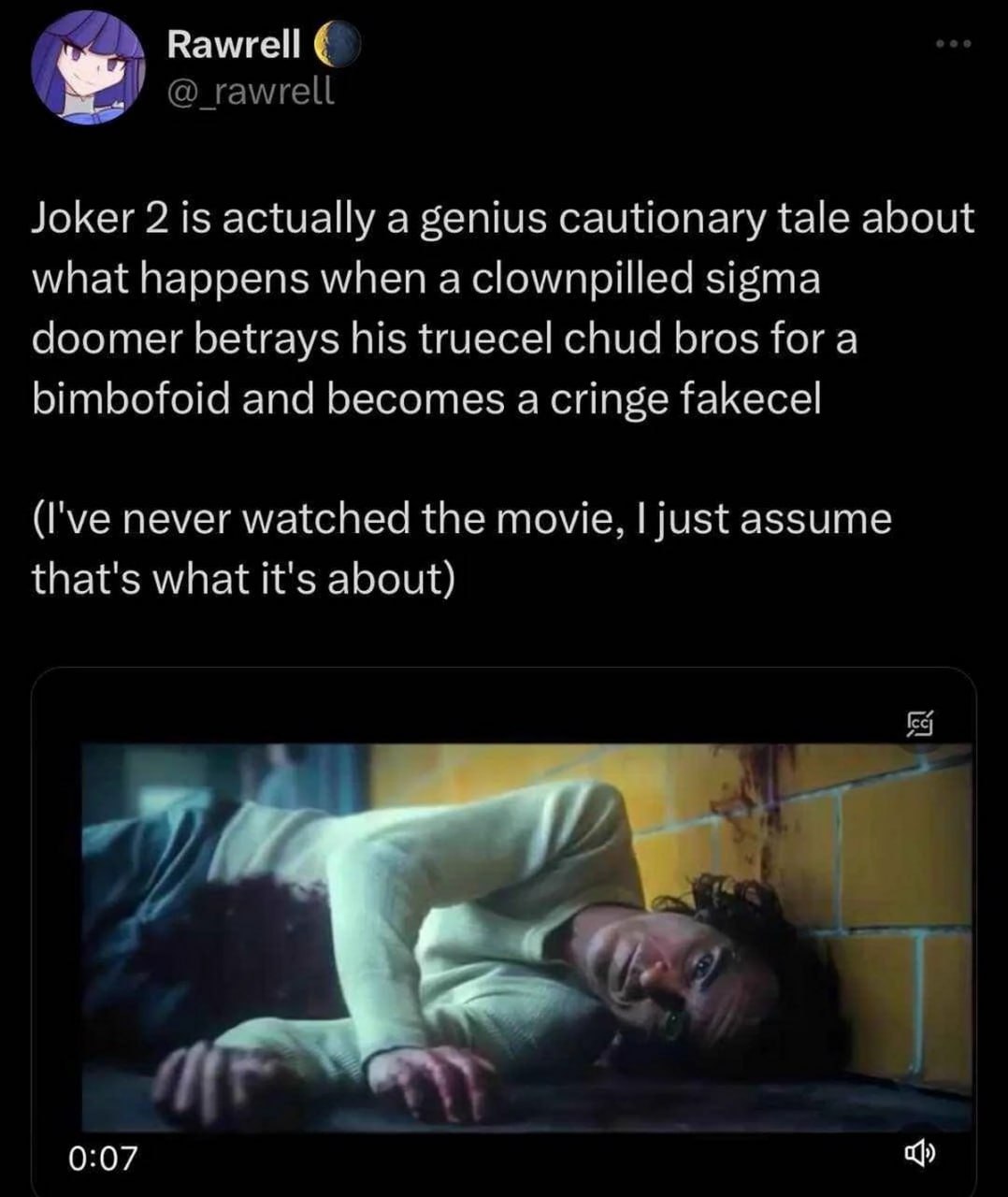 Joker 2 is actually a genius cautionary tale Мем с твитом о фильме «Джокер 2» и скриншотом из него, где Джокер лежит на полу