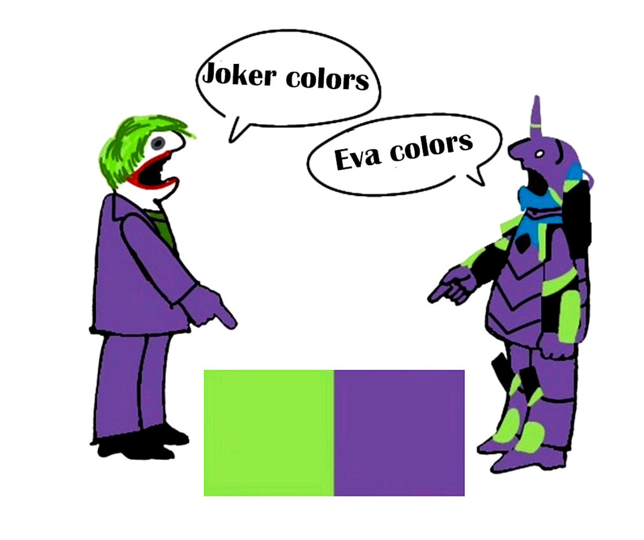 Joker colors. Eva colors Джокер и Ева указывают на блоки зеленого и фиолетового цвета, споря о том, чьи это цвета.