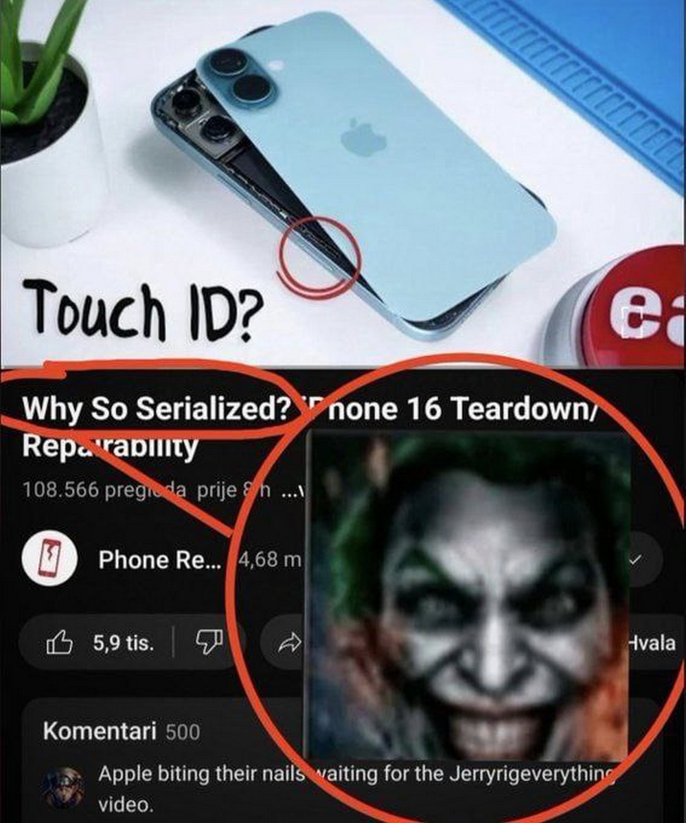 Джокер на видео про iPhone 16 Мем со скриншотом YouTube-видео о разборке iPhone 16, на котором вместо обложки видео про телефон изображен Джокер