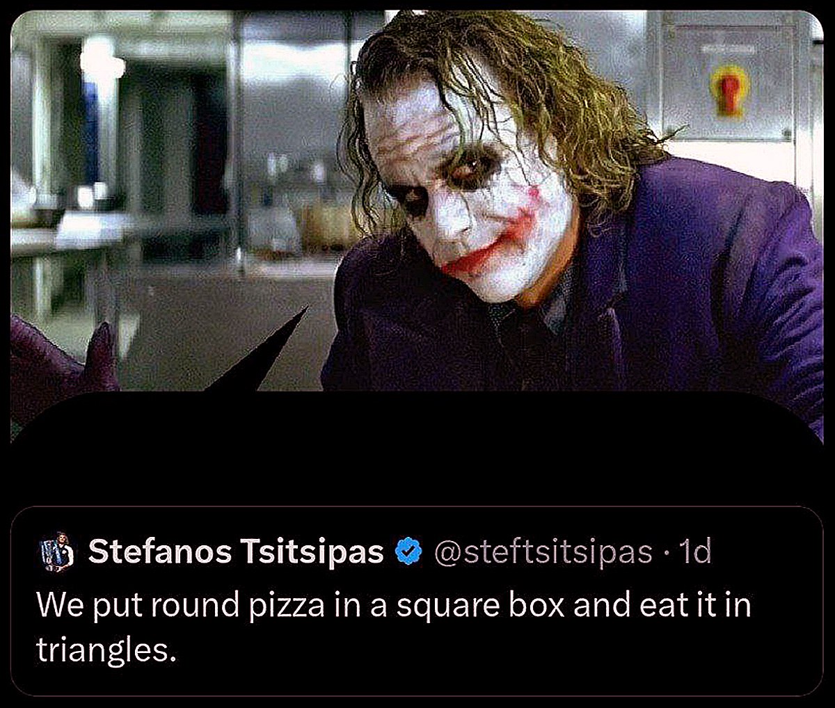 Джокер We put round pizza in a square box Мем с Джокером и фразой We put round pizza in a square box and eat it in triangles