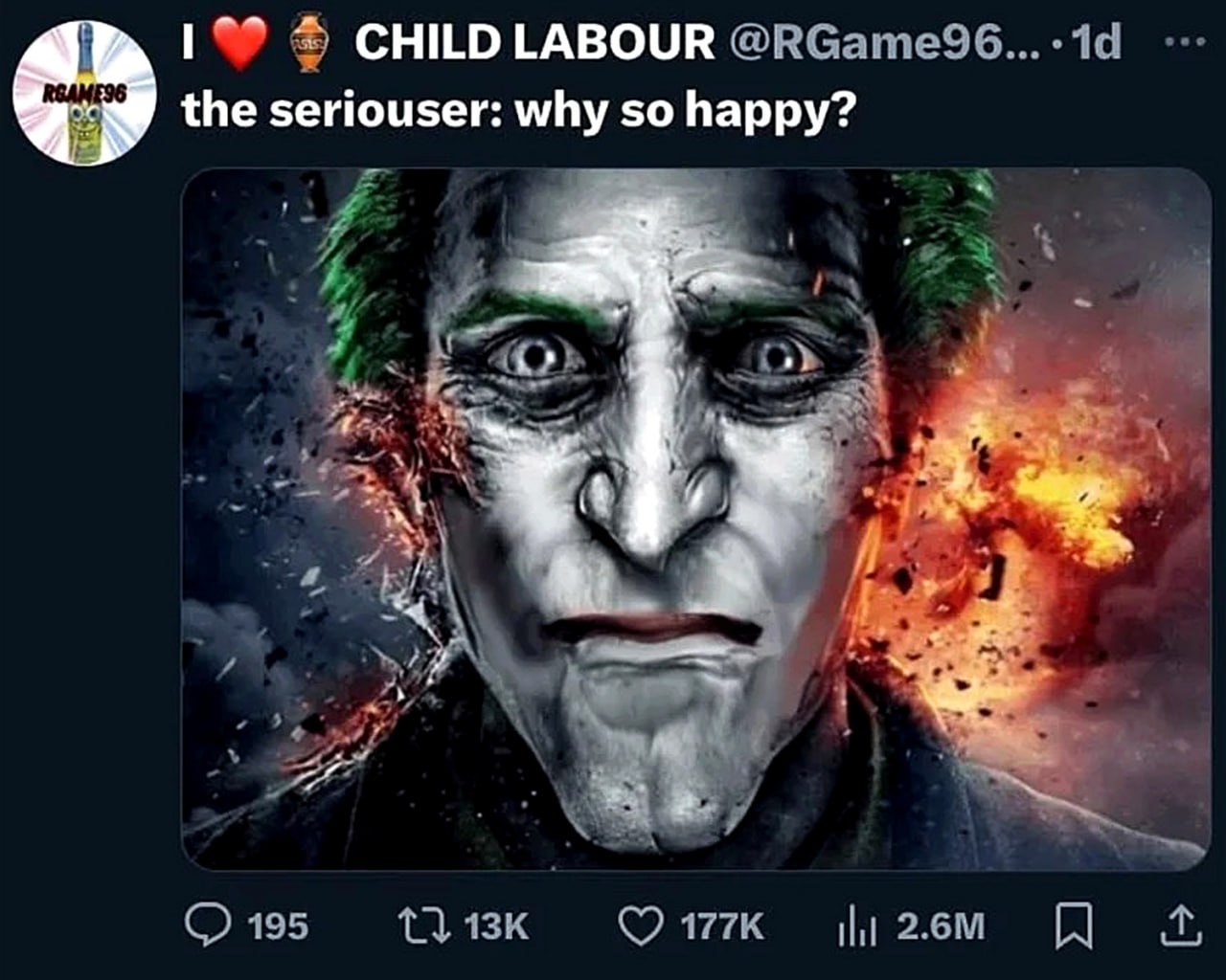 Джокер "Why so happy?" и "I love child labour" Мем с Джокером, который рассыпается в пыль, и подписью "I love child labour" и "Why so happy?"
